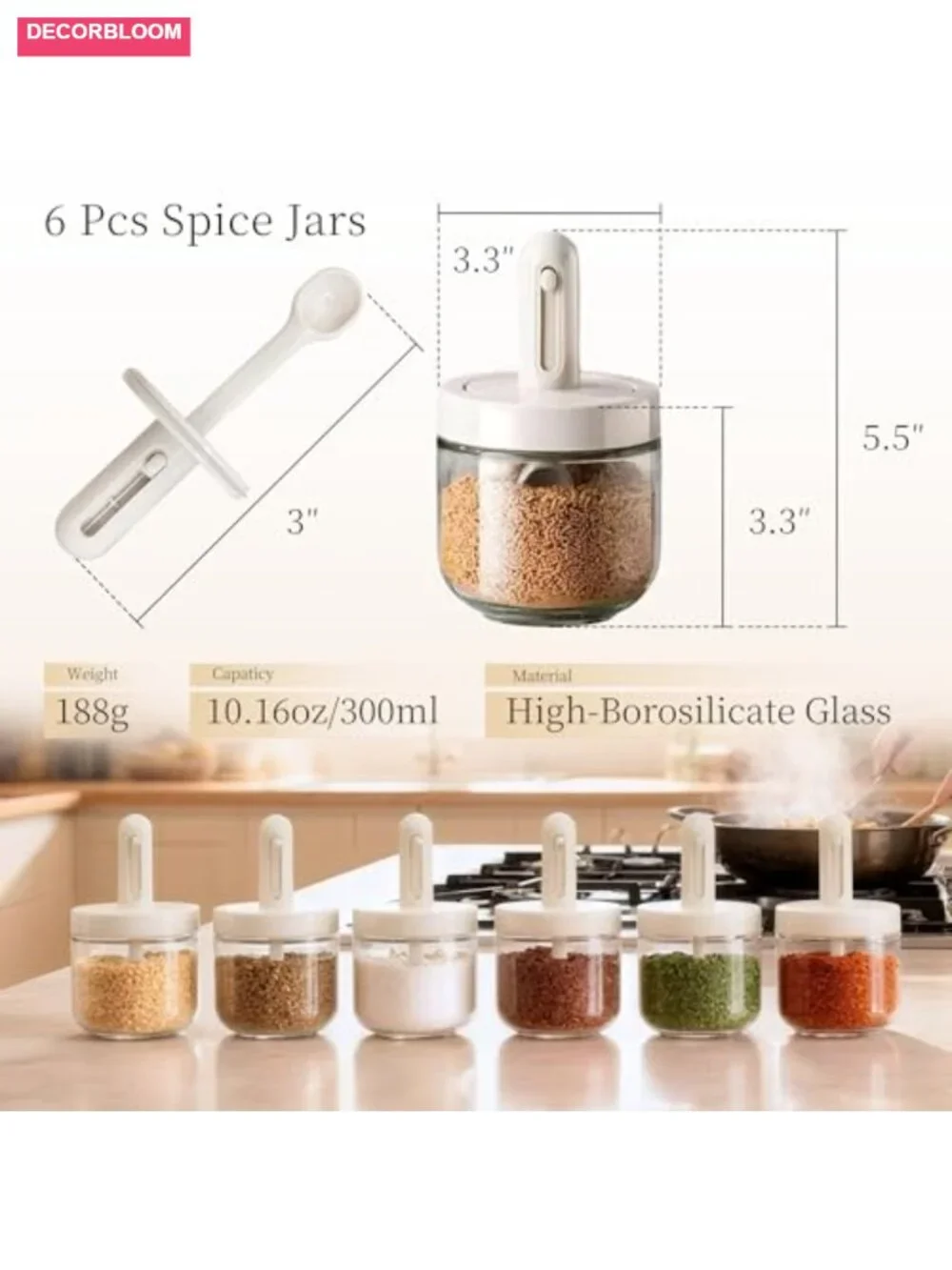 6-Piece Glass Spice Jars with Adjustable Spoon, Airtight Lids, 300ml